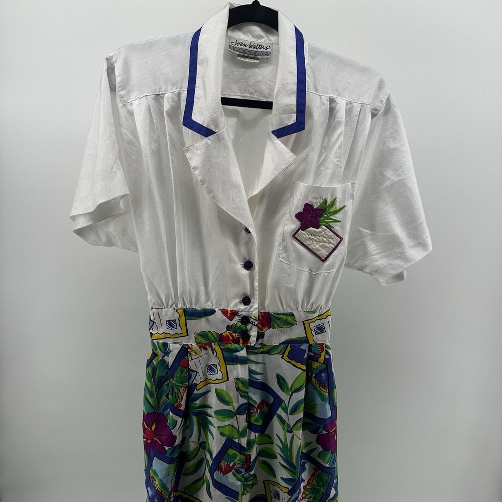80's VINTAGE JOAN WALTERS   Blue White Green JUMPSUIT 12 Postcard Floral Tapered